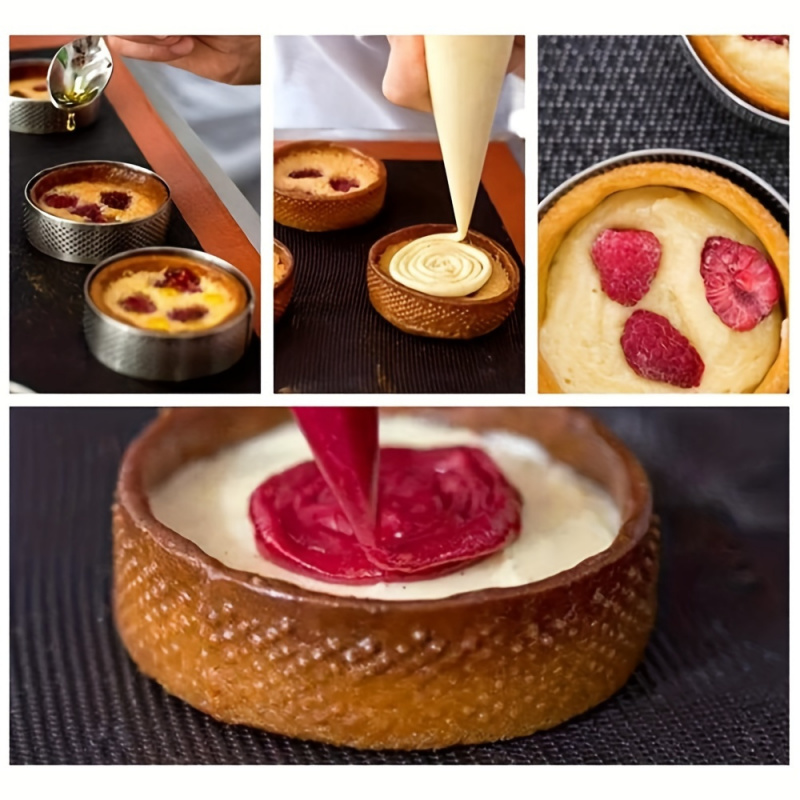 Sæt med  of 12 runde tærteringe i rustfrit stål - perforerede forme til mousser og desserter, udstikkere, frugttærteforme
