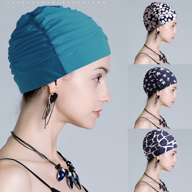 Sexy Swimming Cap Womens Long Hair Swim Hat Outdoor Activities Solid Cap Bathing Drape Stretch Sports Seaside Fold Girls