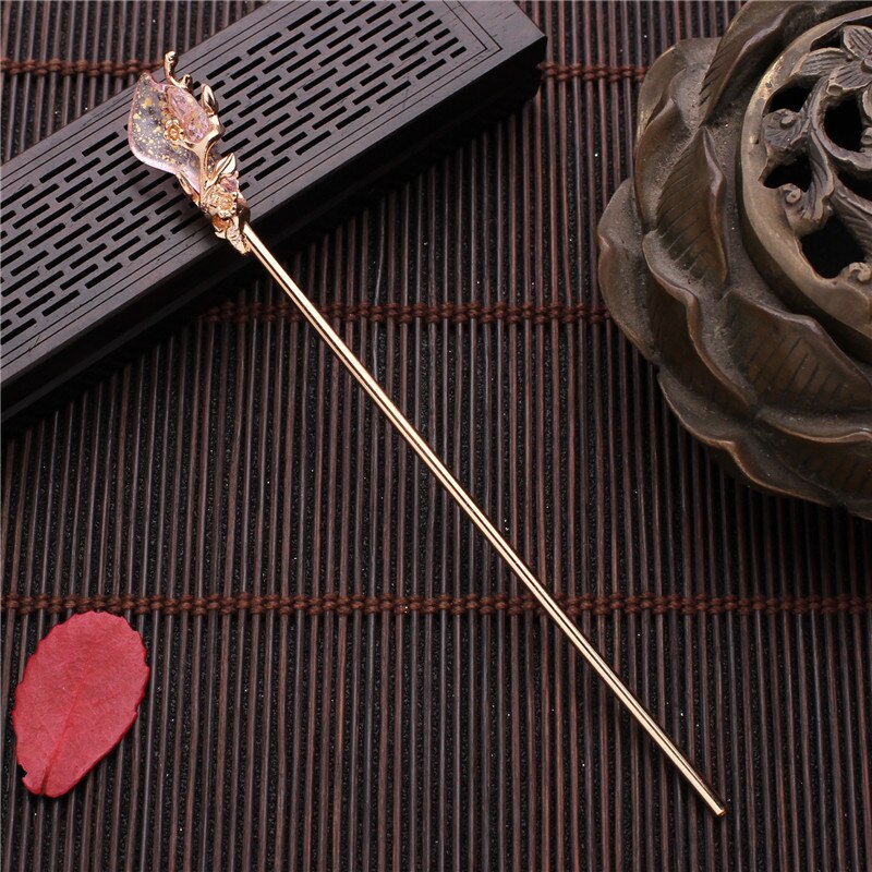 Moda chinês tradicional liga de metal vara de cabelo do vintage flor grampos de cabelo grampos para o cabelo feminino jóias acessórios presentes: Gold PInk