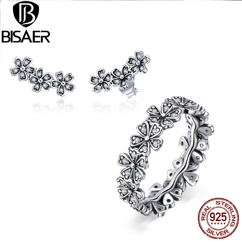 BISAER 925 Sterling Silver Jewelry Sets Daisy Flower Wedding Bride Bridal Jewelry Set Sterling Silver 925 Jewelry Anel Collar