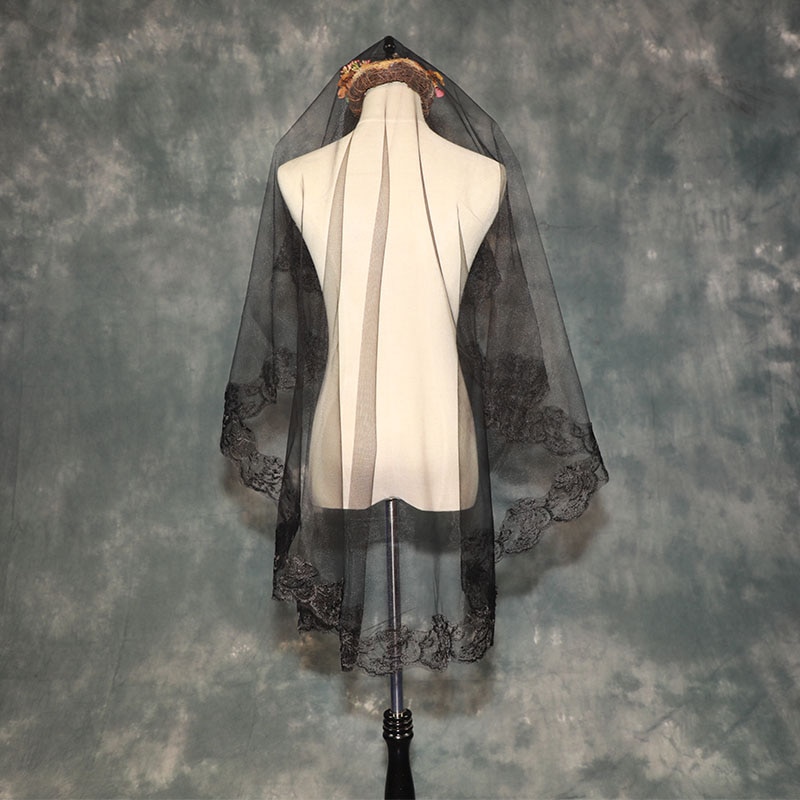 1.5M panna młoda czarny welon jednowarstwowy ślub Vail krótki ślubny welon Appliqued koronkowy biały szampan kość słoniowa welon Accessoire Mariage