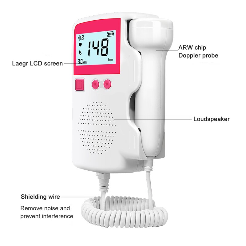 Monitor fetal para mulheres grávidas, doppler doméstico pré-natal sonar detector de batimentos cardíacos de bolso medidor de pulso eletrônico