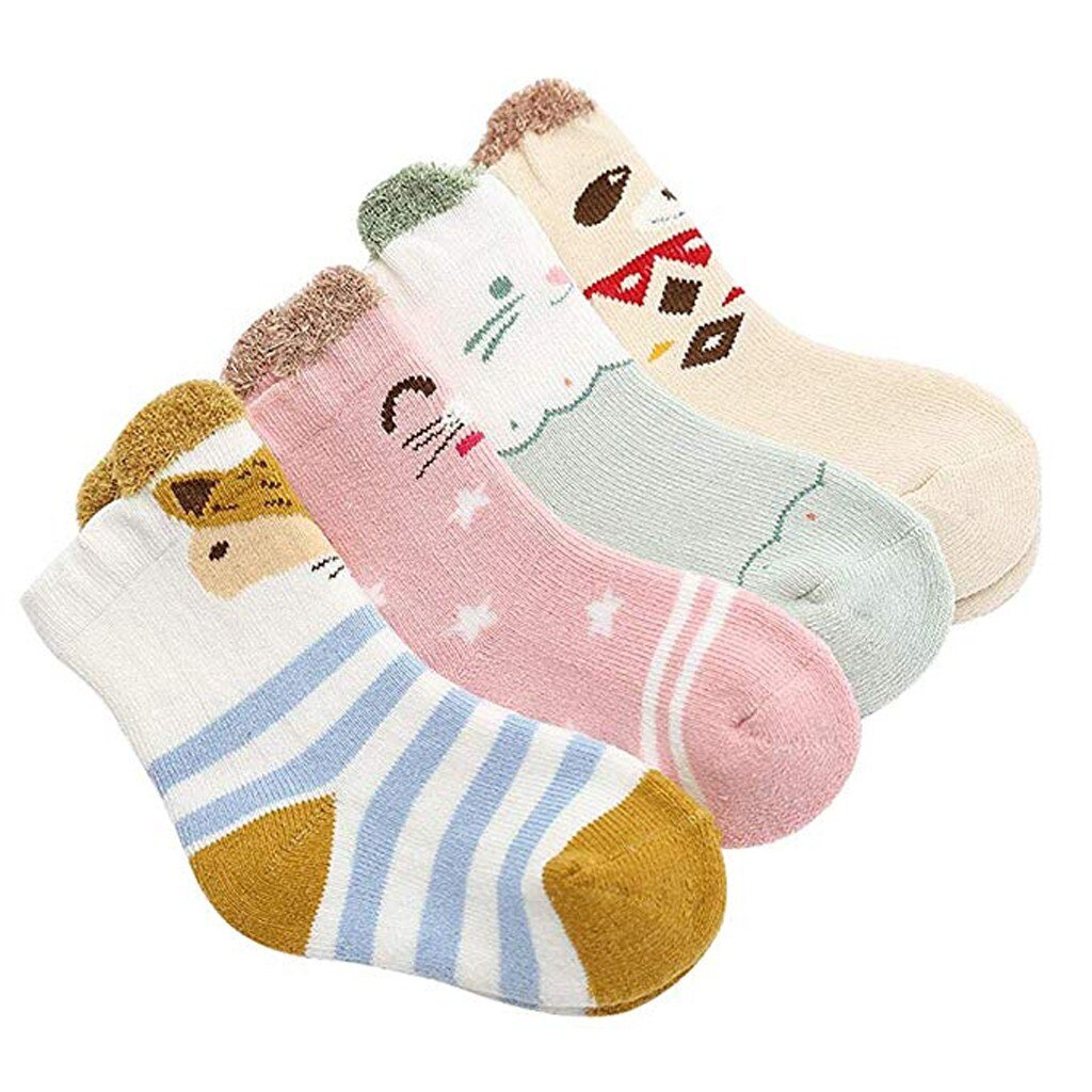4 Pcs Fahion Katoen Baby Sokken Herfst Winter Cartoon Gedrukt Sok Warm Baby Jongens Meisjes Leuke Sokken Baby Kleding Accessoires # P4: Groen / 6m