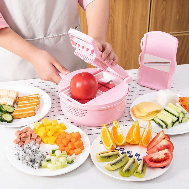 Presse grøntsagsskærer manuel og frugt makulering multifunktionelt køkken tilbehør gadget artefakt pink