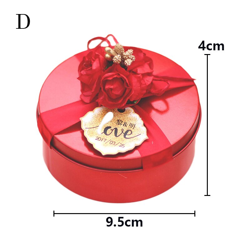 Golden Red Empty Tin Box Metal Tin Jars Wedding Candy Storage Boxes With Ribbon Flower Wedding Party Supplies: D