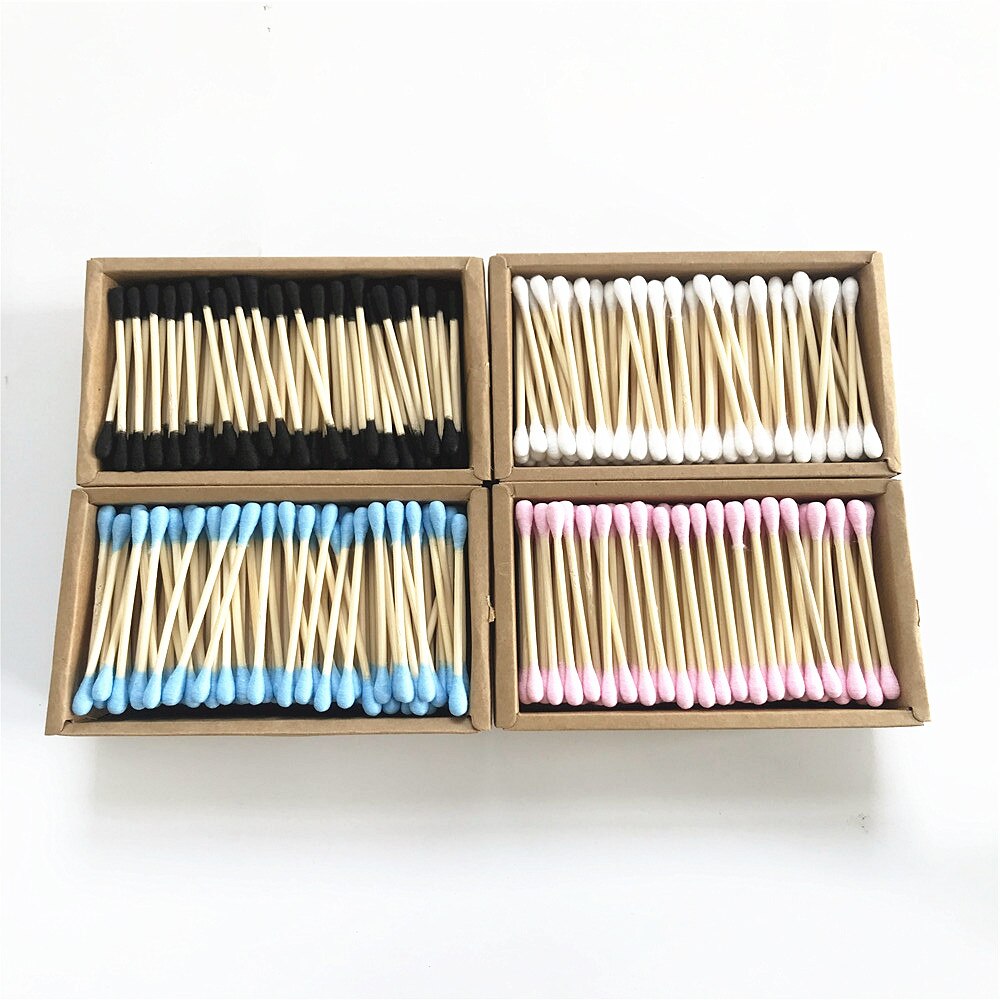 Boîte de coton tiges en bambou, emballage carton qui contient 1000 bâtonnets en bois, double embout, pour le soin des oreilles et du nez, accessoire de maquillage