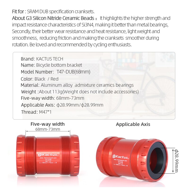 T47-DUB(68mm) Bottom Bracket 28.99mm Axis Bicycle Shell Width 68 73mm Ceramic Bearing for SRAM DUB Bike CranksThread M47x1