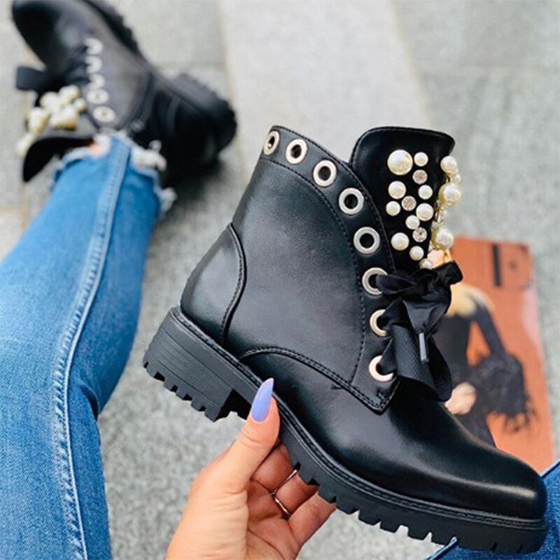 Botines de piel sintética con perlas para mujer, tacones medios informales de costura, calzado de plataforma, talla grande,