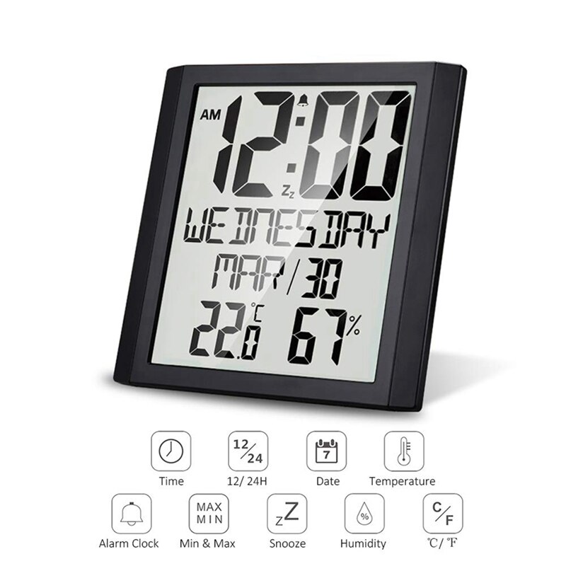 Digital Wall Clock with Temperature &amp; Humidity 8.6 inch Large Display Time/Date/Week Alarm Clock for Home Office