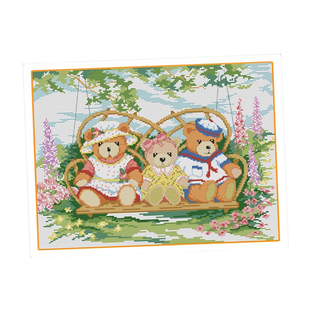 Dimensions Cross Stitch Kits Patterns Embroidery Kit - Cartoon Bears on Swing (STAMPED)