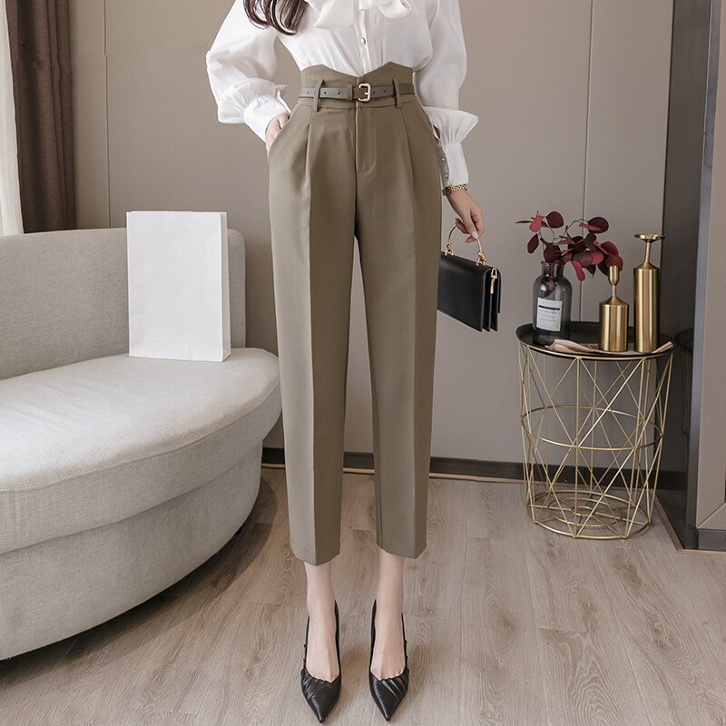 Spring Korean Style Women Formal Harem Pants with Belt High Waist Office Lady Ankle-Length Chic Pants Female