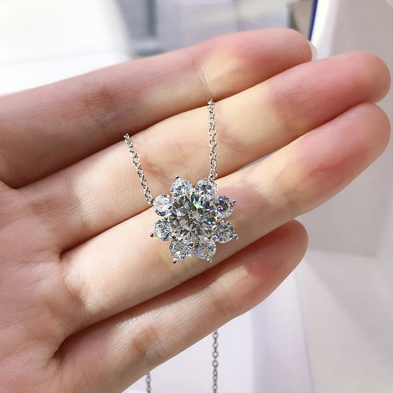 Oevas 100% 925 sterling silber high carbon diamant 43cm blumenanhänger halskette für damen funkelnder hochzeitsschmuck