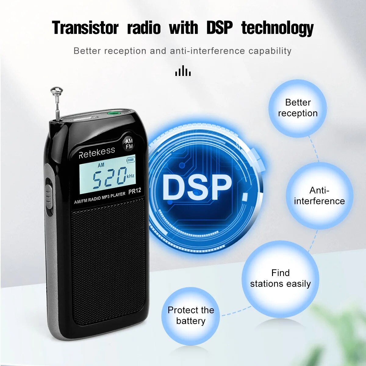 RETEKESS-Radio de bolsillo PR12 para ancianos, Mini receptor portátil MP3 con pantalla retroiluminada, estéreo Digital, compatible con tarjeta TF