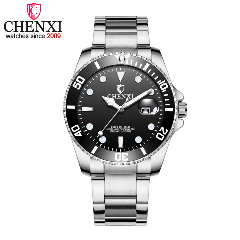 Chenxi herreure mænds forretningskvartsur vandtæt ur mandlige ure i rustfrit stål relogio masculino: Sølv sort