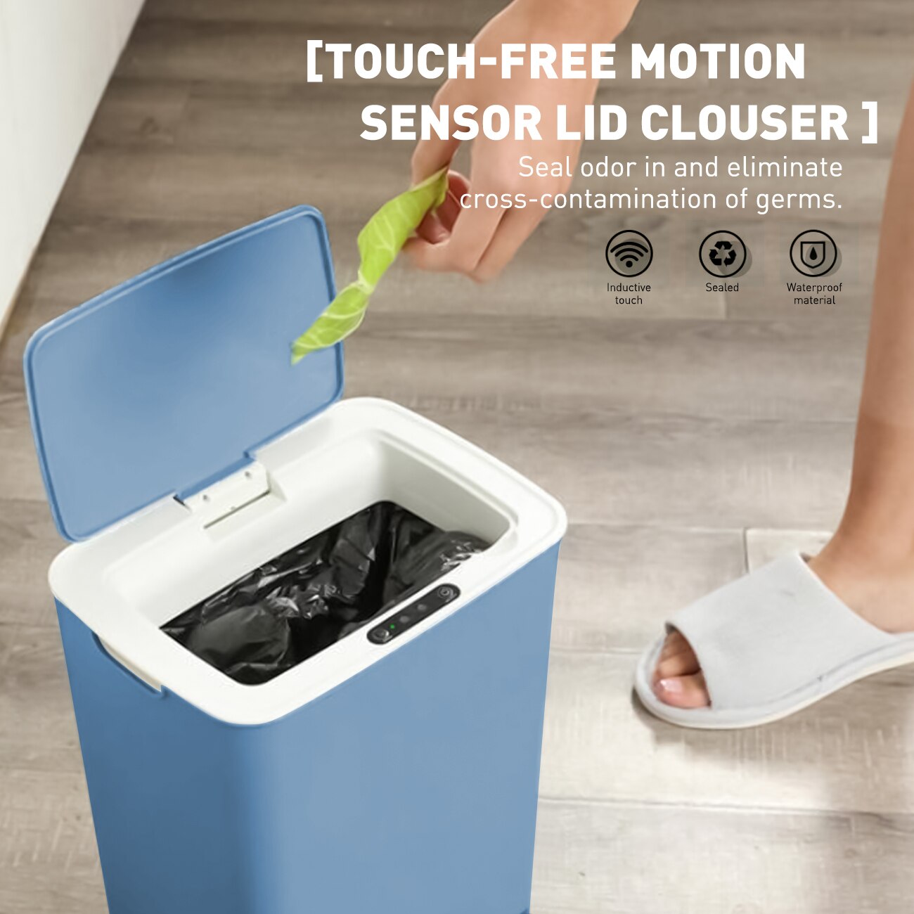 14L Non-contact Trash Can, Blue Inductive Trash Recycling Bin with Lid for Living Room, Kitchen, Bedroom,Toilet, Office, etc.