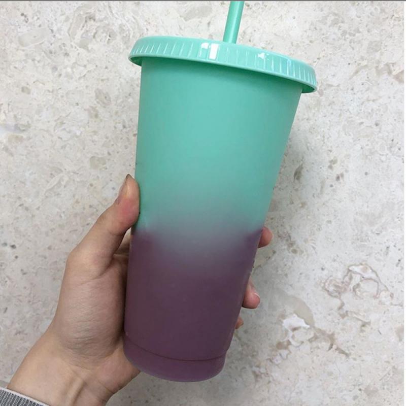 1-5 stk 710ml pp temperatur magiske fargeskiftekopper gjenbrukbare fargeskiftende kalde kopper plastbeger +lokk halm drikkevare