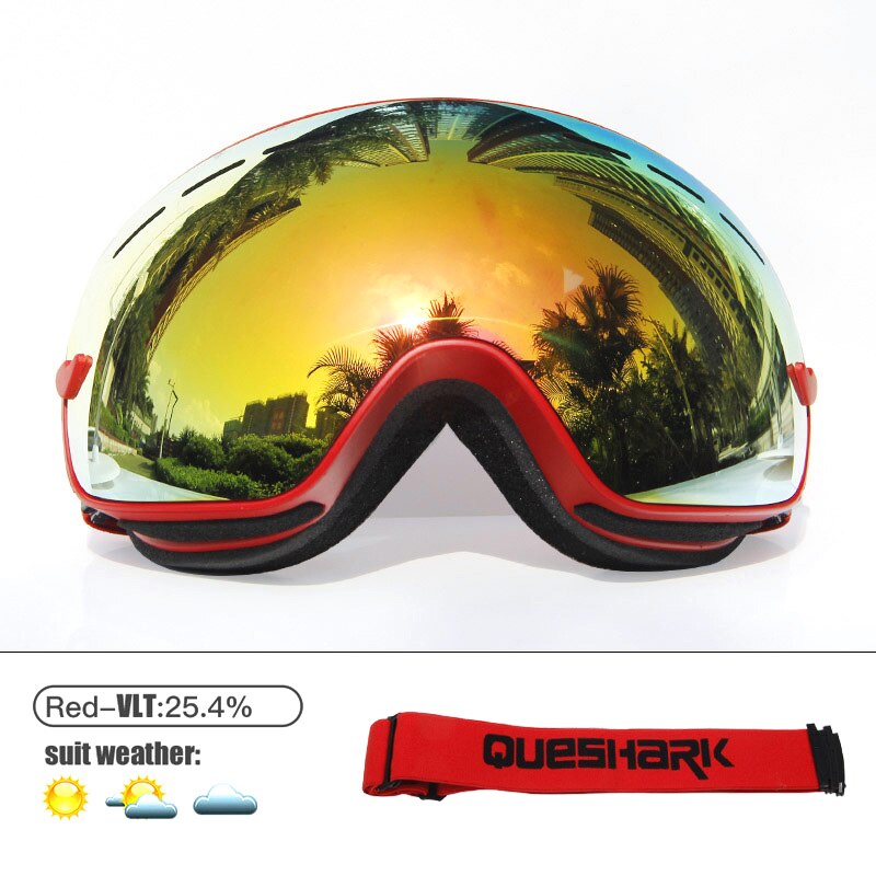 Queshark Mannen Vrouwen Skibrillen Dubbele Lagen UV400 Anti-Fog Grote Ski Masker Skiën Bril Sneeuw Snowboard Goggles Eyewear met Zak: Red