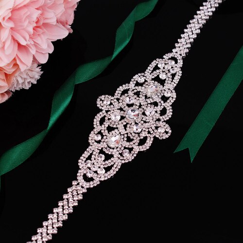 Bridal Belts with Silver Diamond Crystal Bridal Wedding Accessories Belts for Women Wedding Gown: Green Ribbon Belt