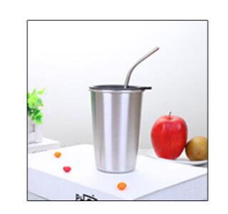 304 Stainless Steel Cup Anti-fall Beer Juice Cup Office Household Simple Metal Coffee Cold Drink Cup Straw Set: C1