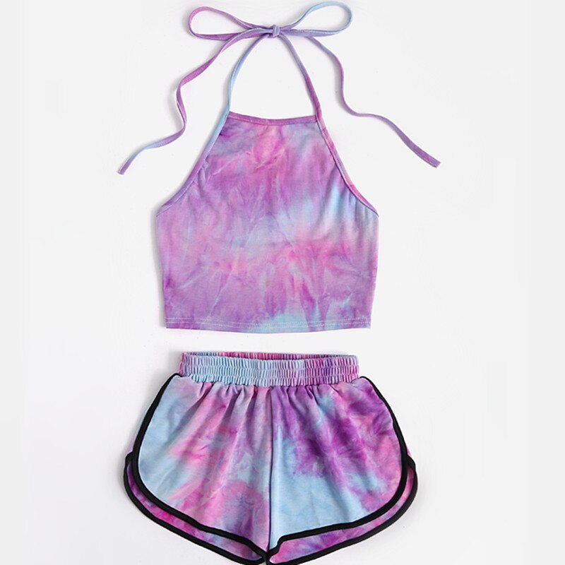 Deux pièces femmes ensembles Sexy à lacets cravate colorant imprimé hauts courts et élastique taille dégradé imprimé court costume ensembles WDC4428: Purple / S
