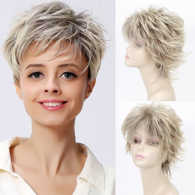 Miss paryk sort blandet blond lige paryk kort pixie haircut stil parykker til hvide kvinder syntetisk hår høj temperatur fiber