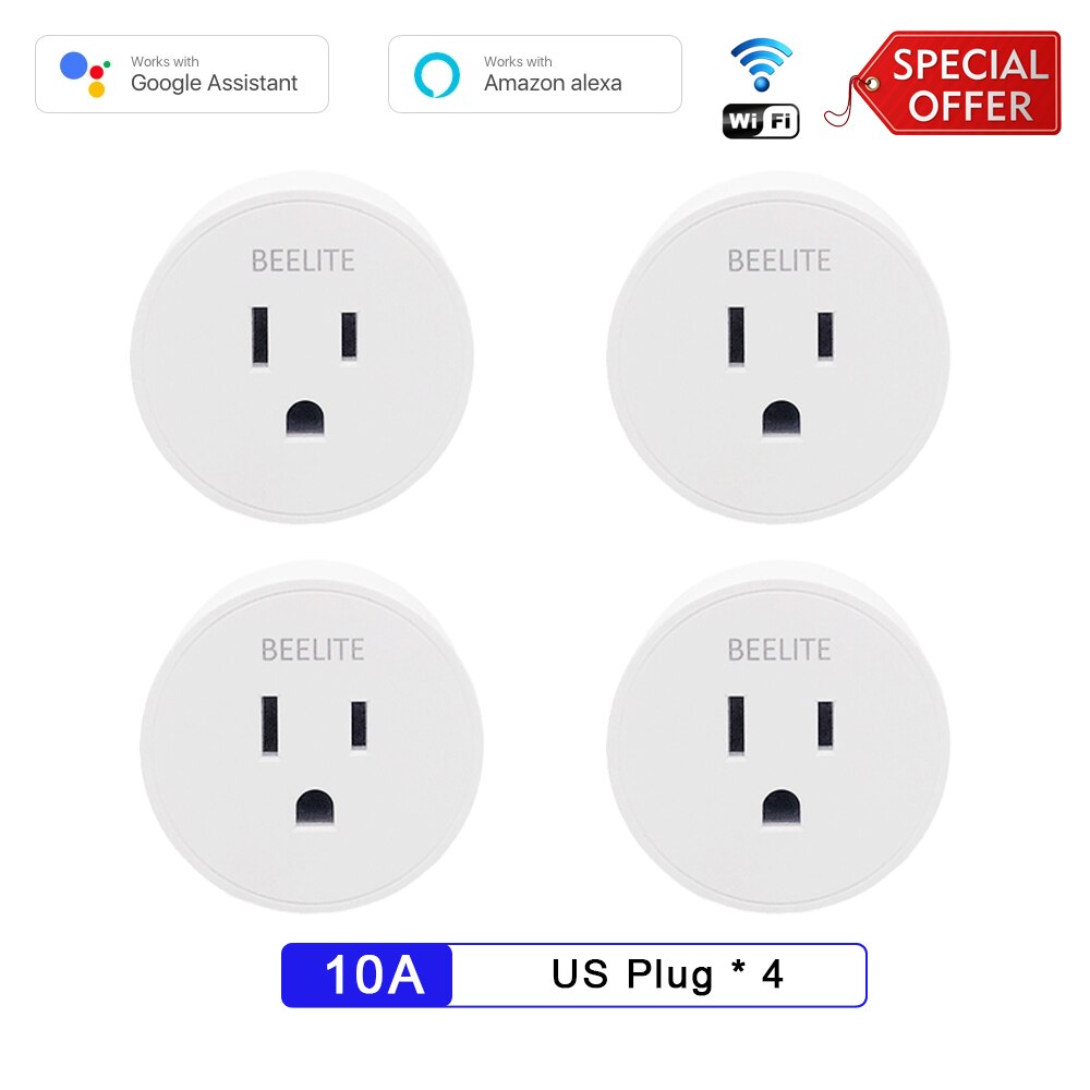 Beelite smart støpsel  oss 10a wifi stikkontakt alexa støpsel tidtaker støpsel fjernkontroll stikkontakt smart liv app tuya smart hjem alexa google assistent: 4 stk