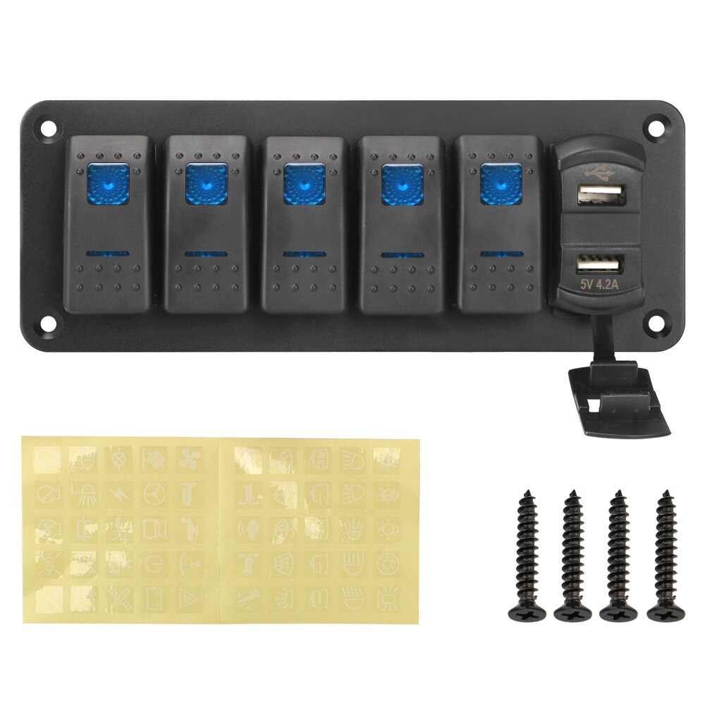 Voltímetro Digital para coche marino, impermeable, doble puerto USB, 4 bandas de palanca de interruptor basculante, 12V/24V, Panel de interruptor LED + pegatina: blue  5 Gang