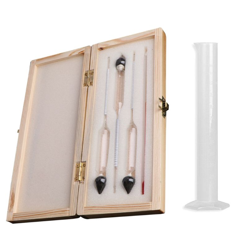 Alkohol hydrometer tester +termometer +måleflaske +trækasse alkoholmeter alkohol meter vin koncentration måler
