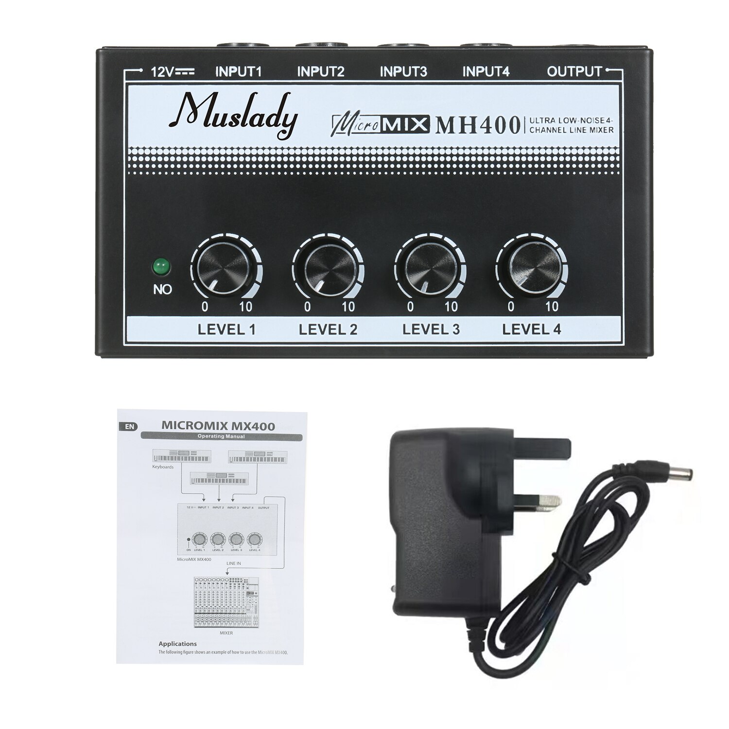 Muslady MH400 Ultra Low-Noise 4-Channel Line Mini Audio Mixer Met 1/4-Inch Ts Volumeregeling voor Gitaren Bass Toetsenborden: UK