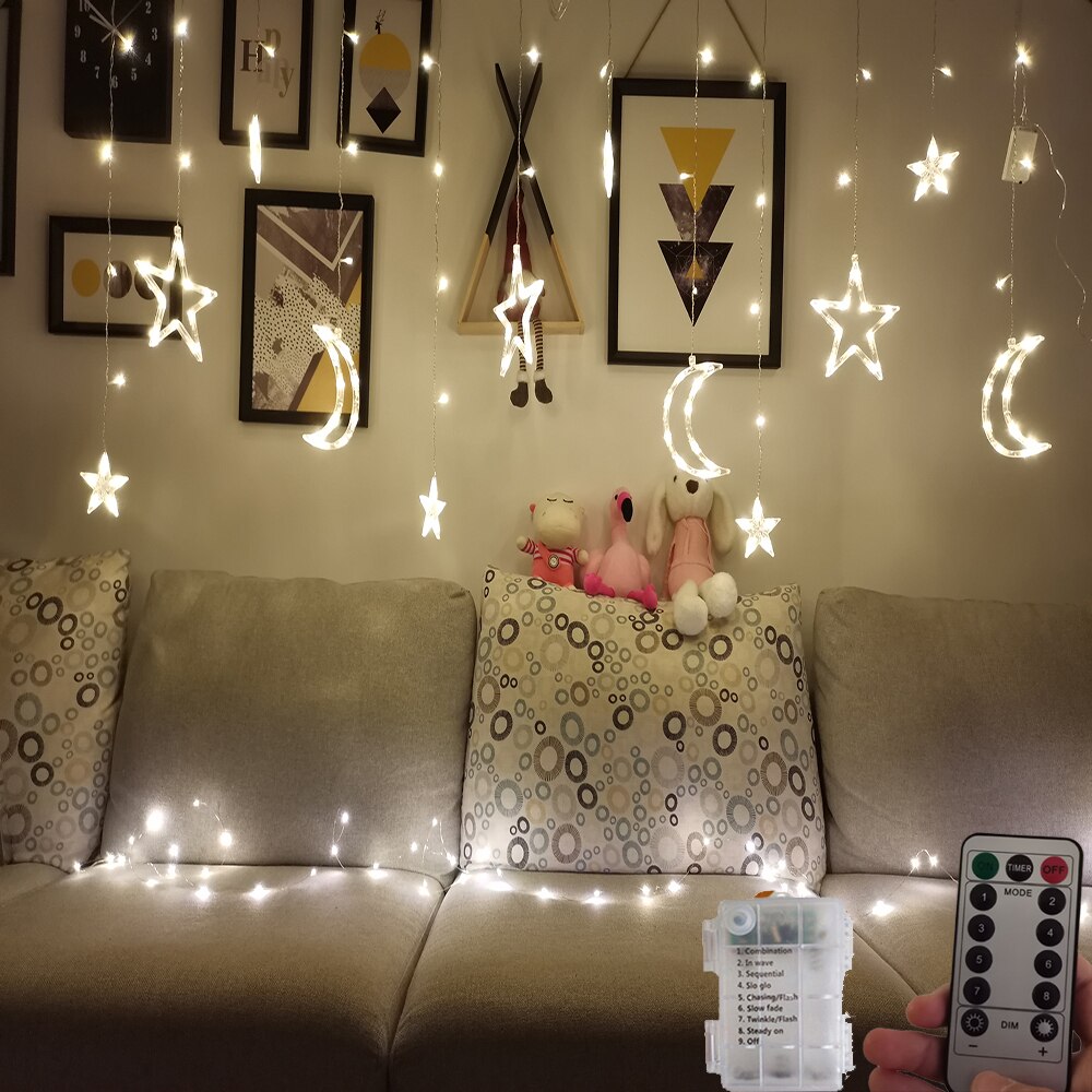 Guirlande lumineuse LED pour rideau de fées, en forme d'étoile, de lune, pour noël, pour la maison, pour une fête de mariage, pour le jardin, avec piles AA: Warm AA Remote