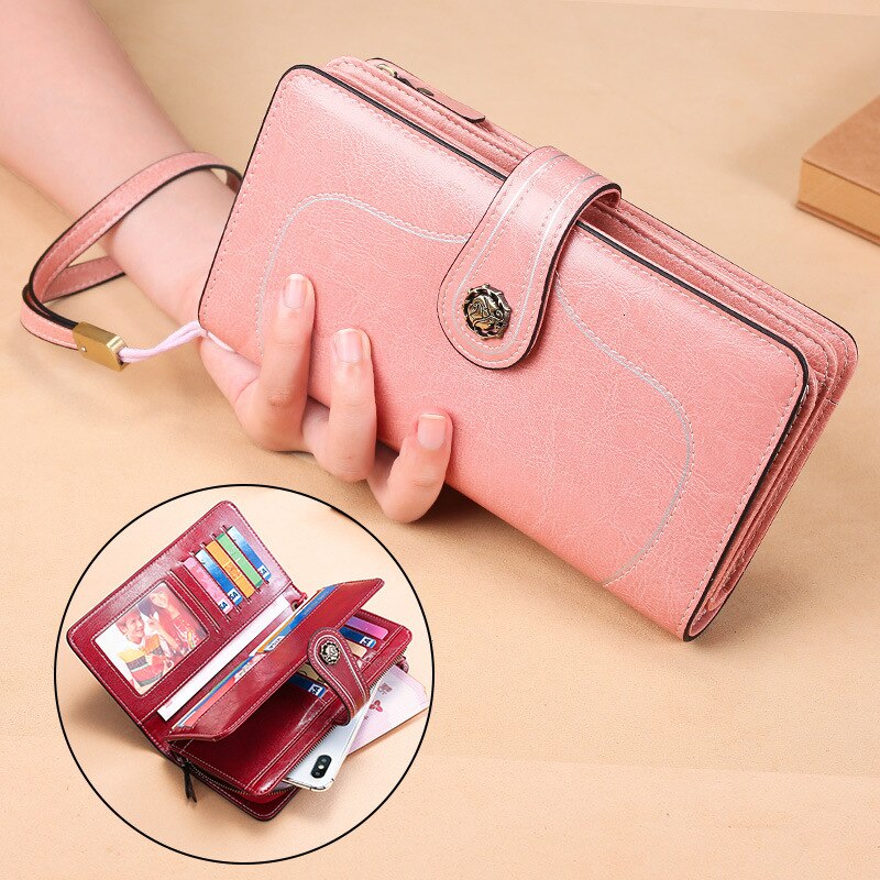 ¡Novedad! Billeteras de piel auténtica para mujer, Monedero de piel con Rfid para mujer, funda larga para teléfono, cartera y tarjetero para mujer: 3556 Pink