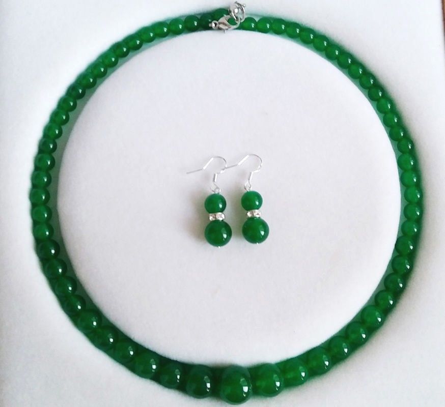 6-14mm Natuurlijke Groene Jade Ronde Kralen Ketting Oorbellen Sieraden Set 18 "AAA +