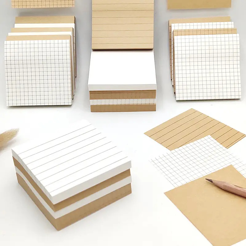 Bloc-notes autocollant en papier Kraft, bloc-notes avec lignes de grilles, parfait pour les Notes et les rappels, 3 paquets