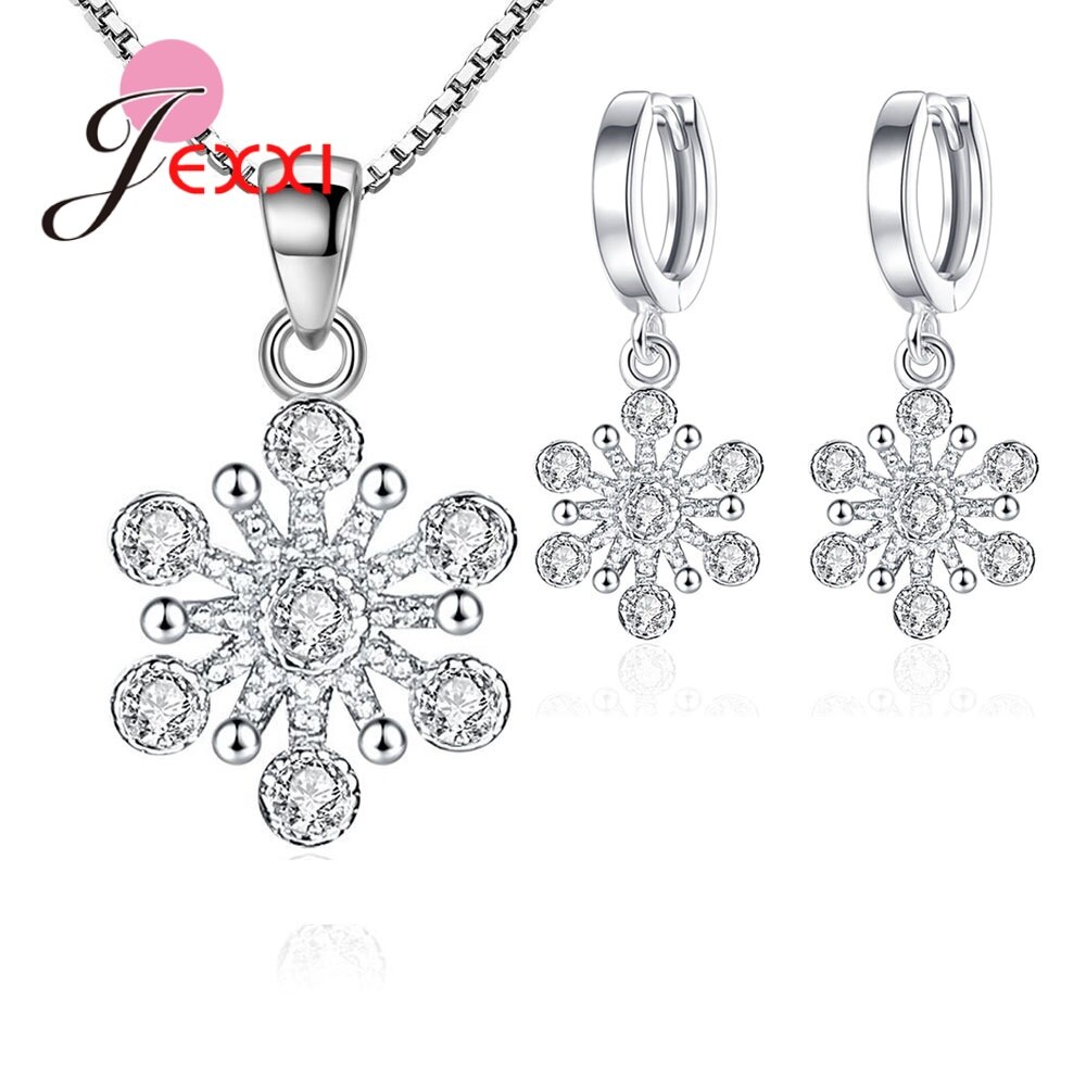 925 en argent Sterling ensemble de bijoux neige fleur flocon de neige cubique zircone pavé collier boucle d'oreille pour la fête de mariage