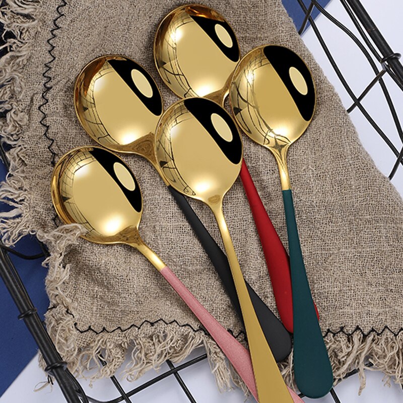 10 Colors 1pcs Coffee Spoons Stainless Steel Dessert Spoons Kitchen Utensils Round Spoons