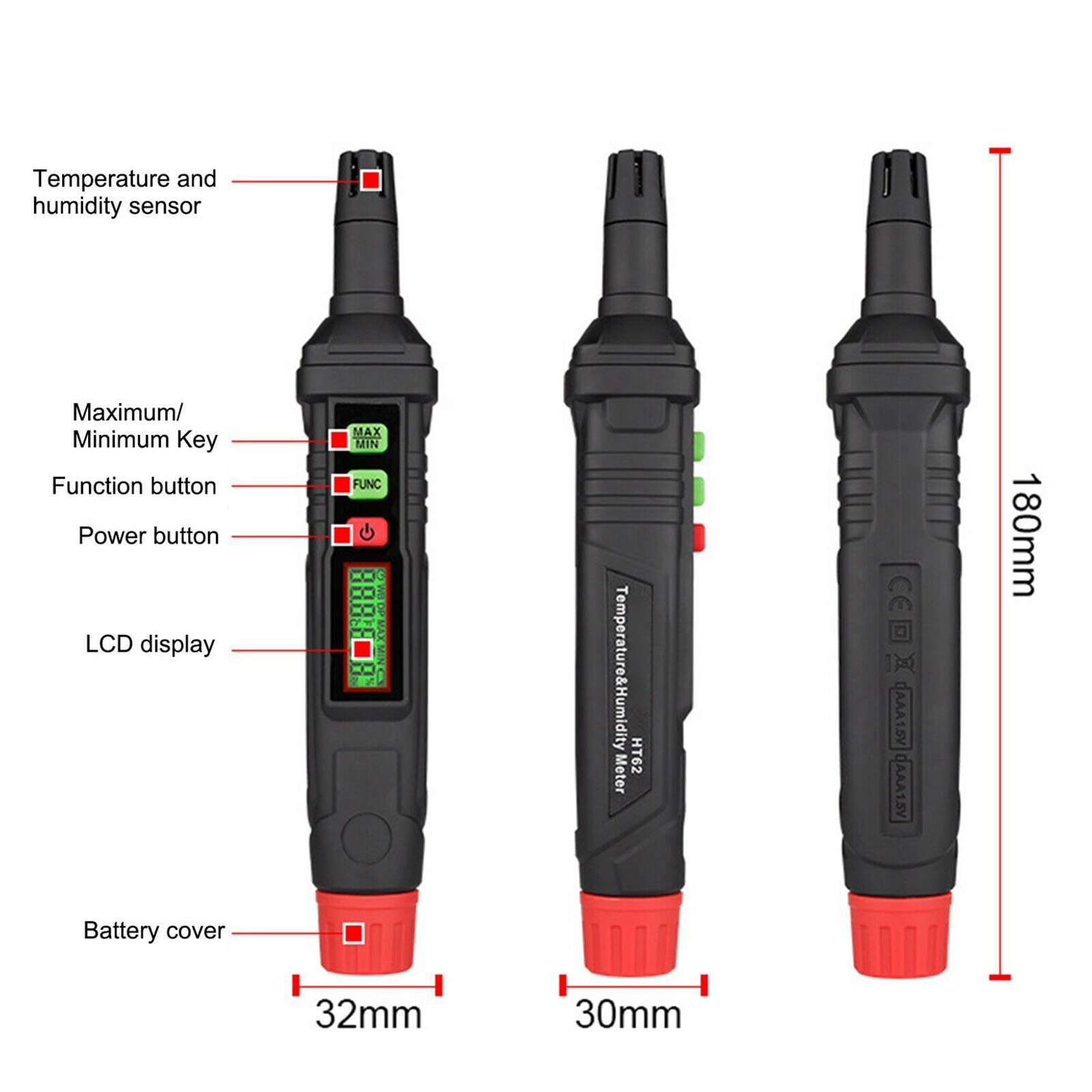 LCD Display Handheld HT62 4-in-1 Digital Psychrometer Thermo-Hygrometer Mini Meter Pen Measuring Tool Black