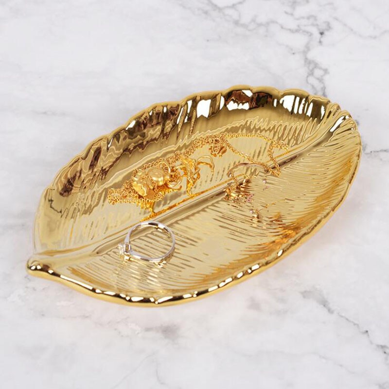 Guldblad keramisk tallerken fad porcelæn slik trinket fad smykker frugt serveringsbakke opbevaringsplade porcelæn bordservice boligindretning