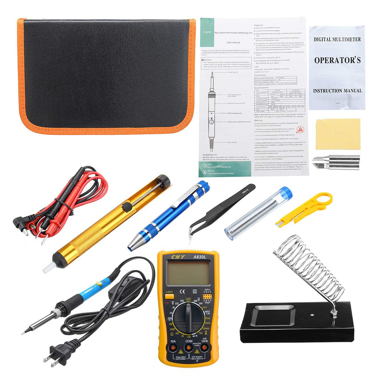 Soldering Iron Kit Adjustable Temperature Electric Soldering Iron 60W 8 in 1 Screwdrivers Multimeter Desoldering Pump Tool Bag
