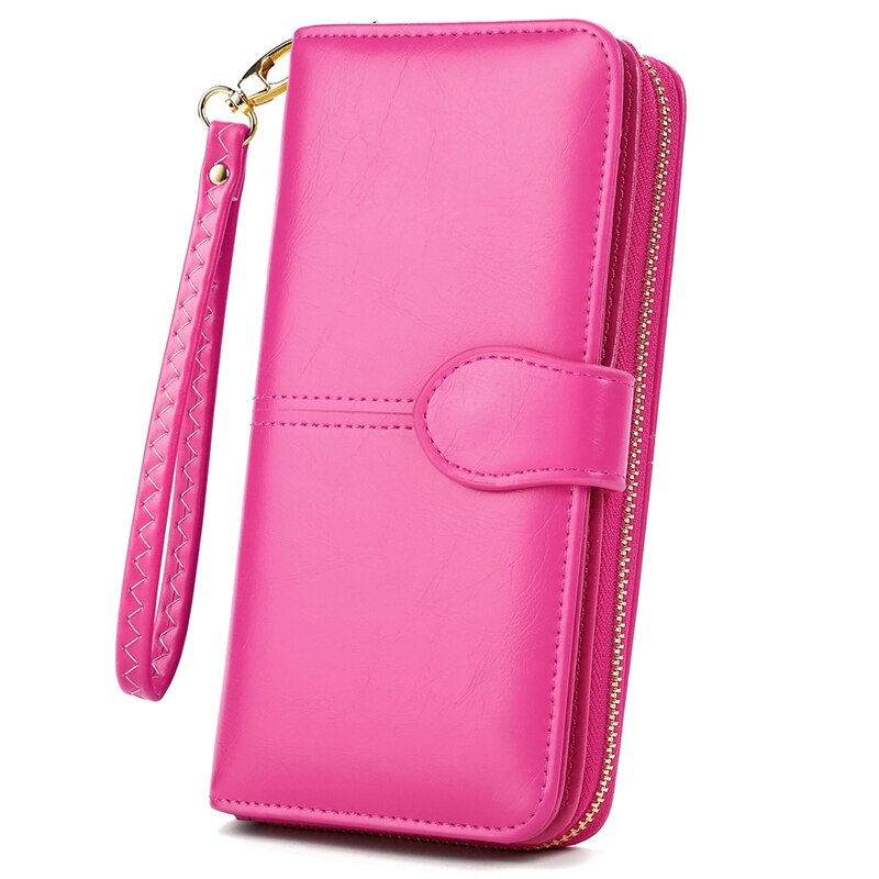 VICUNA POLO Brand Waxy Oil Leather Card Holder Wallet For Women Large Capacity Travel Ladies Wallet Clutch Wristlet Wallets: Rose Red