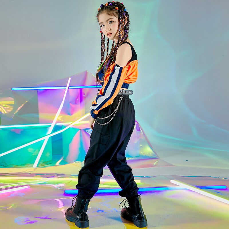 Ballroom Hip Hop Dance Costumes For Kids Long Sleeve Tops Black Loose Pants Girls Jazz Street Dance Wear Rave Clothes DN7178