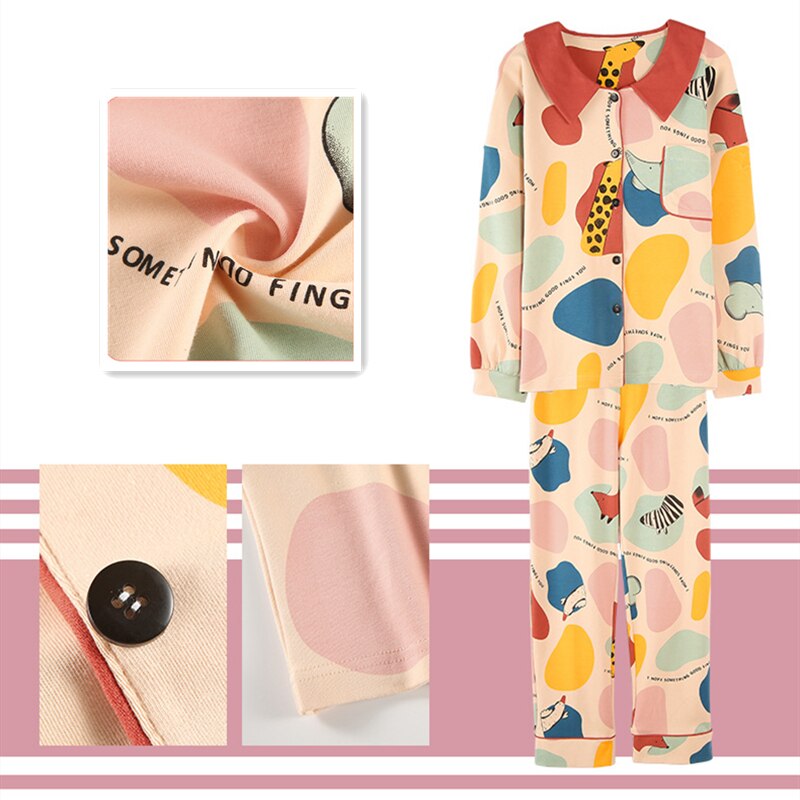 XIFER Spring Pajama Women Cartoon Printed Long Sleeve Pajamas Giraffe Cute Pajama Cardigan Knitted Cotton Ladies Female Homewear