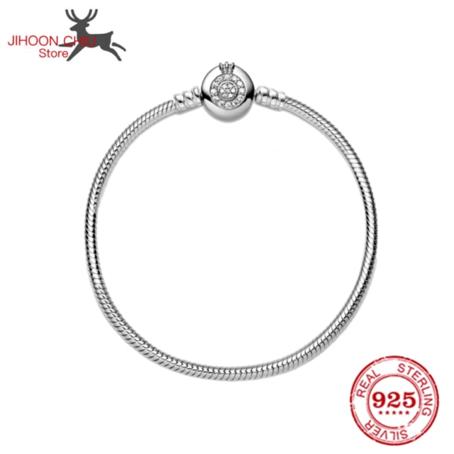 100% 925 sterling silver bracelet for Women fit original Pan Charm chain Snake bracelet crown style classic DIY jewelry: Silver bracelet 3 / 20cm