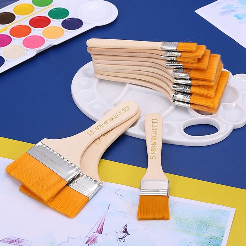 12 Stuks Platte Kop Kwast Art Penseel Sets Lange Handvat Cleaning Borstels Voor Acryl Schilderij Aquarel Houten Muur