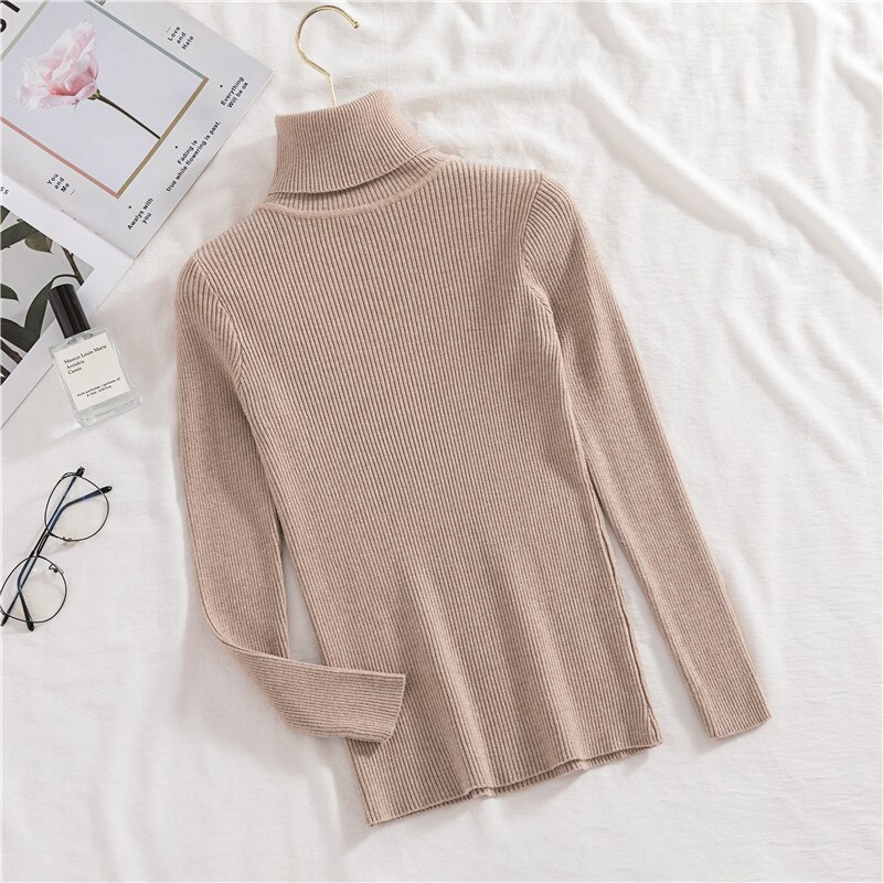 H.SA Autumn Basic Turtleneck Sweater Casual Soft Solid Jumper Korean Sweater Slim Femme Elasticity Winter Pullovers: LM8542  Light Khaki