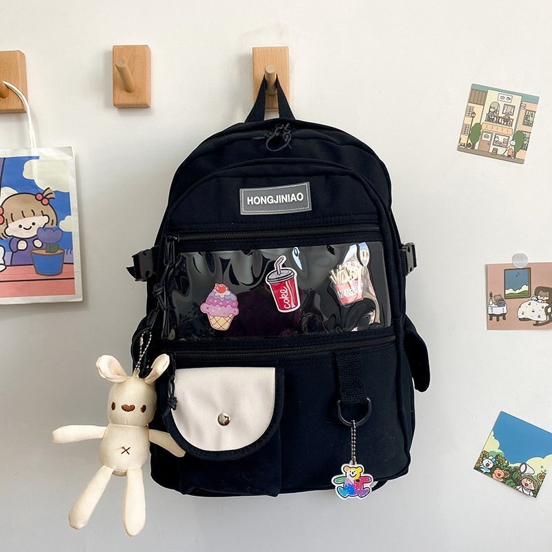 Mochila Coreana de gran capacidad para mujer, bolso escolar de bolsillo transparente para adolescentes, bolso de viaje de estilo Preppy a la: Negro / With-Accessories