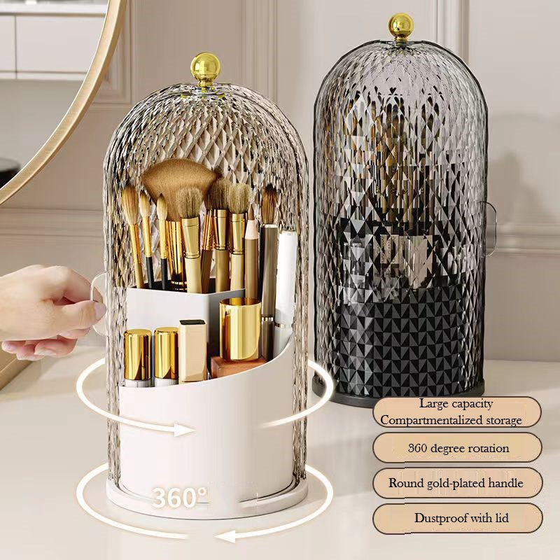 Porta brochas de maquillaje con tapa Diamond Birdcage 360 ° Organizador de maquillaje giratorio, caja de almacenamiento de cosméticos a prueba de polvo, contenedor de lápiz labial