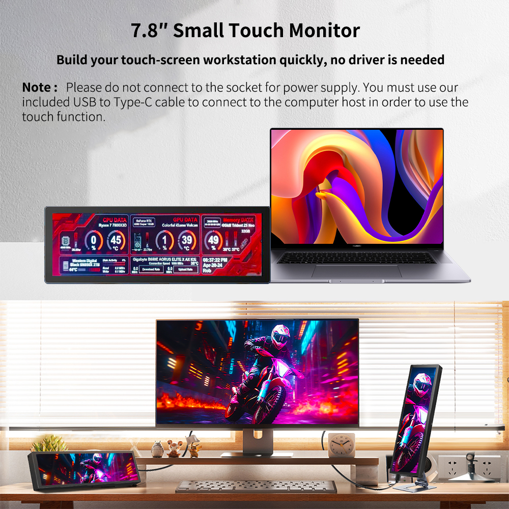 Monitor de pantalla táctil ancha y larga de 7,8 pulgadas, pantalla de temperatura de PC HDMI, Panel de Sensor de PC, Monitor extensor pequeño