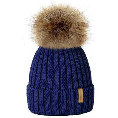 Ouder/kind dames mutsen warme winter pompom bont gebreide mutsen dames baby meisjes jongen bont pompom muts ski sneeuwmuts: Blauw / Volwassen hoed