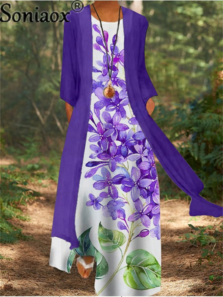 Two-Piece Set Lady Flower Print Sleeveless Maxi Dress With Cardigan Clothes Women Summer Boho Dresses Coat
