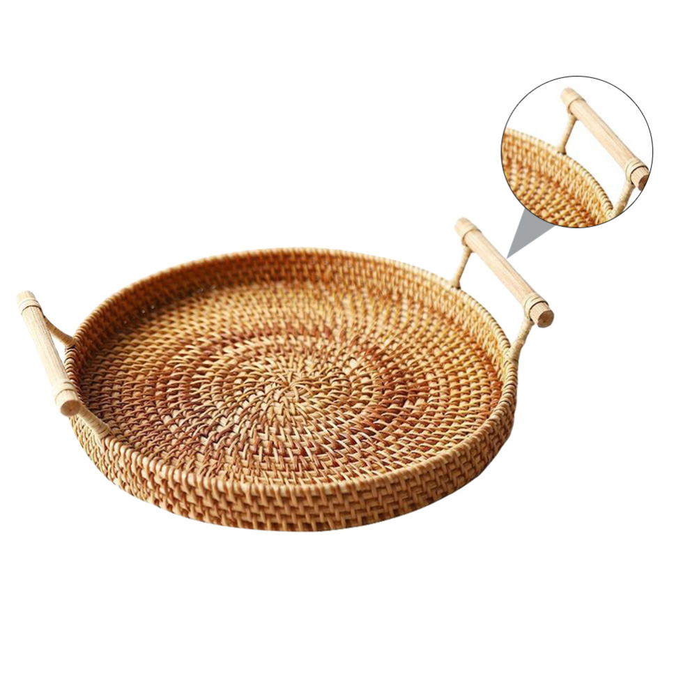 1PC Rattan Woven Basket Practical Picnic Ratten Tray Outdoor Storage Basket Portable Picnic Basket (Medium, Diameter 28x3.5cm): Brown 1